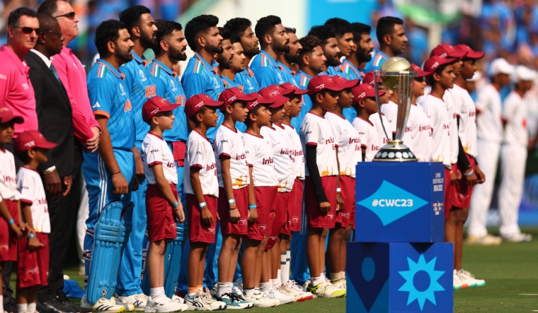 Team India players line up during the national anthems before the match against England | Reuters